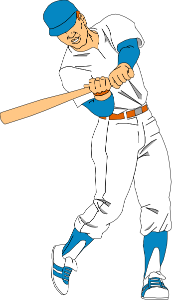 The image shows a black and white illustration of an animated baseball player swinging at home plate with his bat raised high above him while wearing a blue uniform with red lettering on it; he is also holding a glove in one hand, which appears to be that of another person's arm.