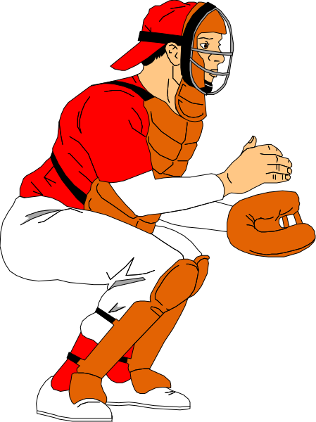 The black and white illustration shows a baseball player crouched down with his glove open as if ready to catch a ball.