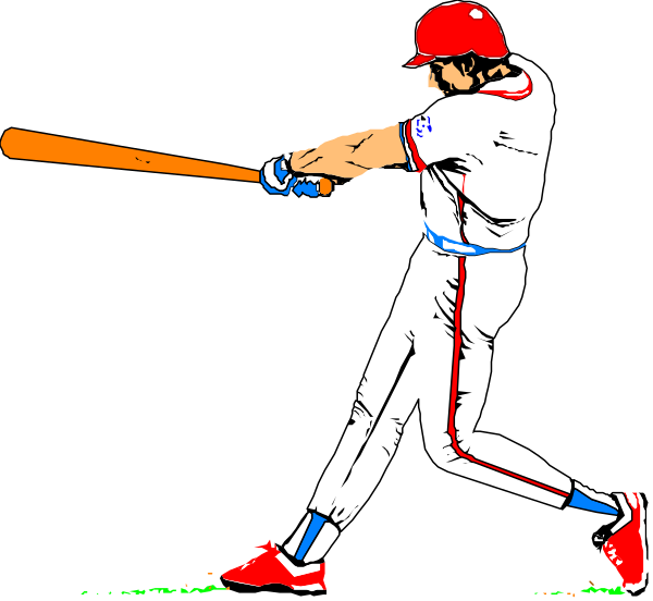 The illustration shows a baseball player swinging at an incoming ball with his bat while wearing a uniform that includes red, white, blue, and black elements; he is also holding two bats in each hand as if ready to hit multiple balls simultaneously.