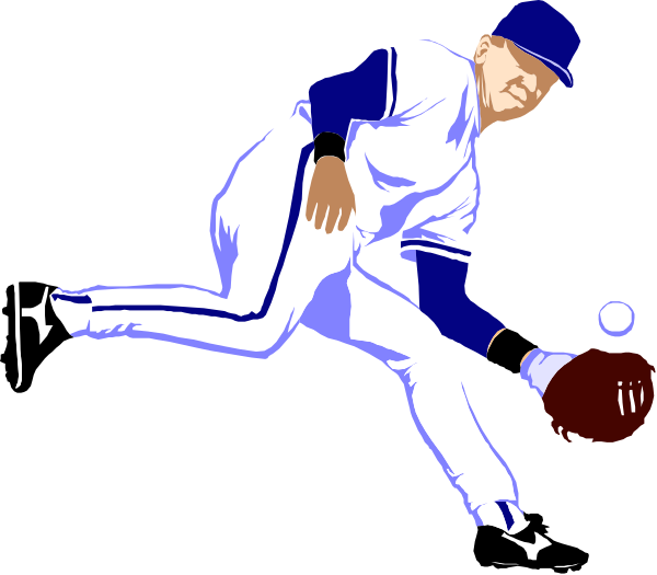 The image shows a baseball player holding a ball with his left hand while wearing gloves on both hands; he is dressed in a white uniform adorned with blue stripes down each side of the chest area, suggesting that this could be an advertisement for a sports team or branding related to baseball.