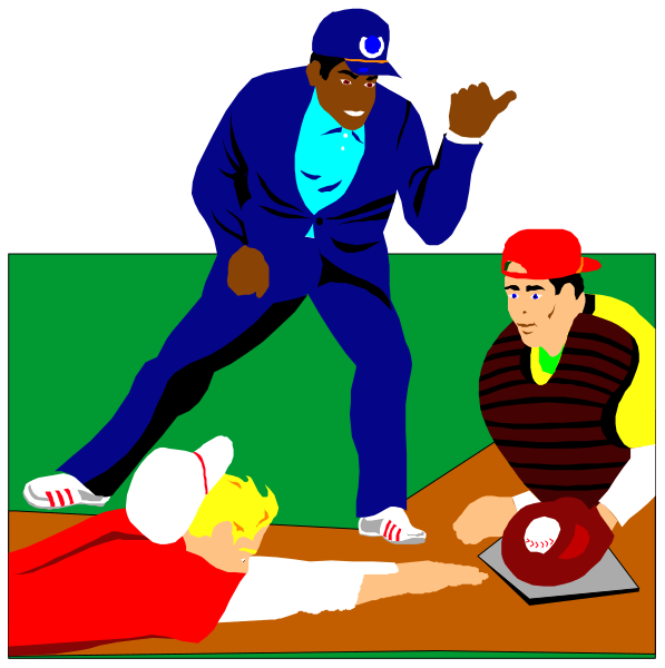The image shows a baseball player sliding into home plate while another person catches him out with an extended arm; two other figures stand nearby on what appears to be a field of play during daylight hours under clear skies, one holding up his hand in approval or celebration and wearing sports attire including cleats.