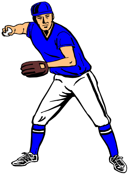 The illustration shows a baseball player wearing blue uniform with white stripes on pants standing next to home plate holding his glove in front of him while looking towards something off-frame.
