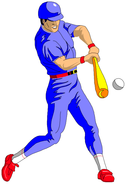 The illustration depicts a baseball player swinging at an incoming ball with his bat while wearing blue uniform attire that includes pants, shirt, cap, cleats, gloves, and holding a red sports bag in one hand.