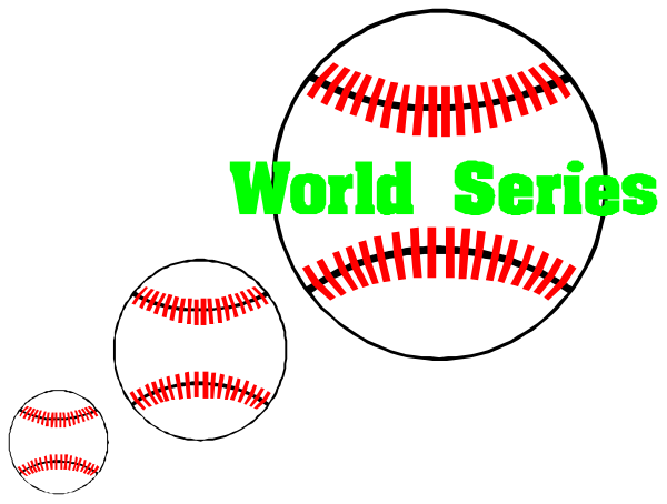The image shows a collection of baseballs with text that reads "WORLD SERIES" overlaid on top in white font against black background.