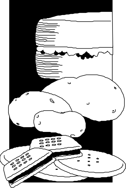 The black and white illustration shows a collection of food items on top of each other: two slices of cake with icing in between them; three pieces of fruit stacked next to one another atop some bread, which is placed above what appears to be cookies or biscuits that are sitting beside an open book. The setting suggests someone might have been enjoying a snack while reading and possibly watching television as there's also a remote control in the scene.