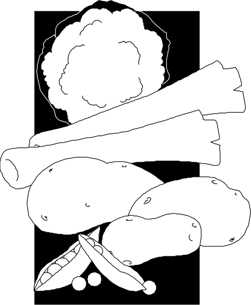 The black and white illustration shows a variety of food items including potatoes, carrots, bread loaves with seeds on top, broccoli florets, an eggplant slice, corn cobs, slices of cheese, sausages in casings, tomatoes cut into halves or quarters.