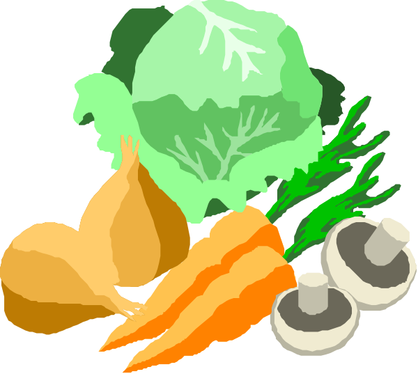 The image shows a collection of vegetables including broccoli, carrots, mushrooms, lettuce, cauliflower, onions, celery, potatoes, garlic bulbs, eggs, milk jugs and bread loaves arranged together in an organized manner against a dark background with no visible text.