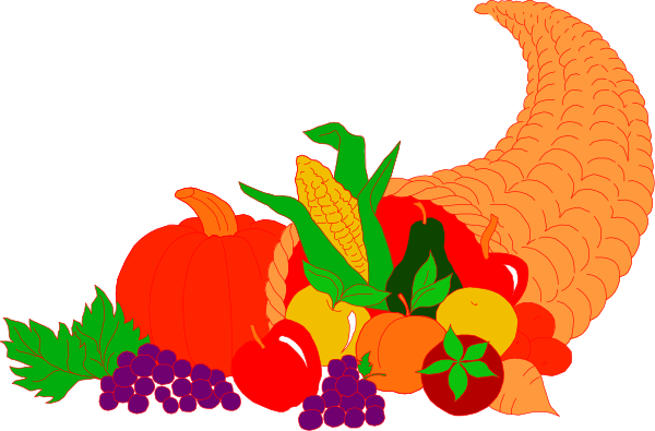 The image shows a colorful autumn harvest scene with various vegetables such as pumpkins, corn on the cob, carrots, broccoli, apples, grapes, berries, squash, tomatoes and leaves in shades of orange, red, green, purple, yellow, blue.