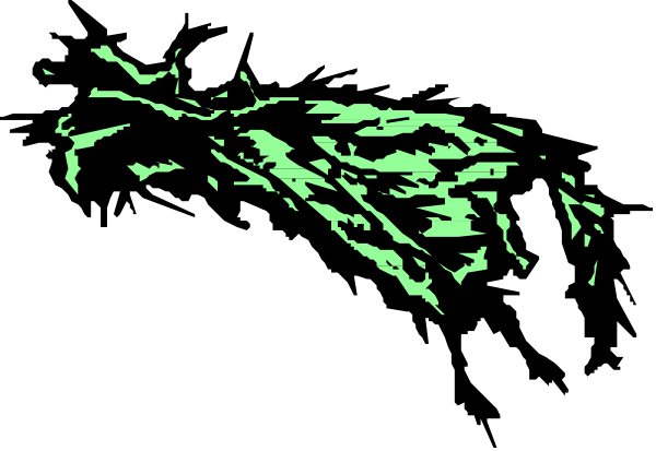 The image shows a black background with green abstract shapes that resemble an object floating above it.