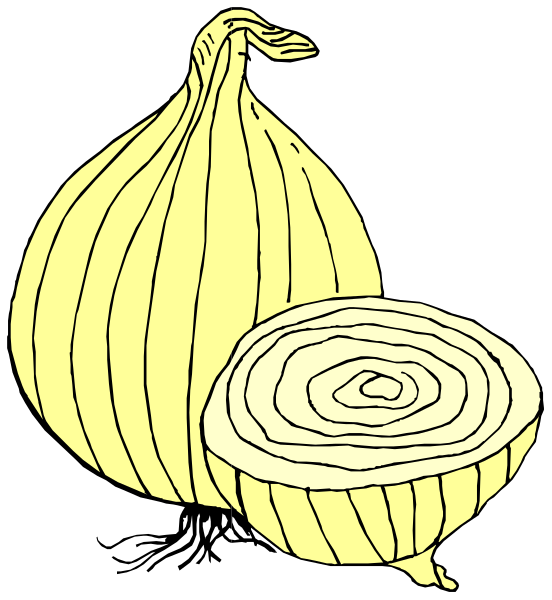 The illustration shows a garlic bulb with its cloves intact next to an onion that has been cut into slices revealing concentric rings inside it against a black background.