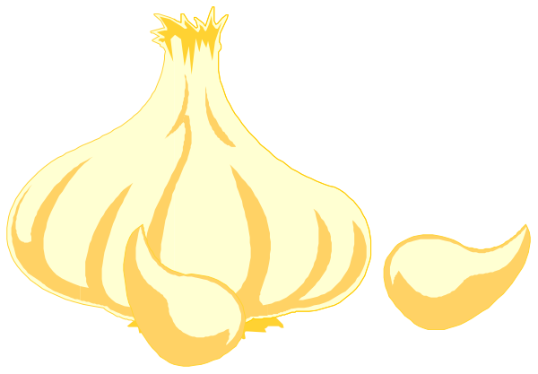 The image shows a cartoon of garlic bulbs with cloves falling out onto what appears to be an unseen surface below them.