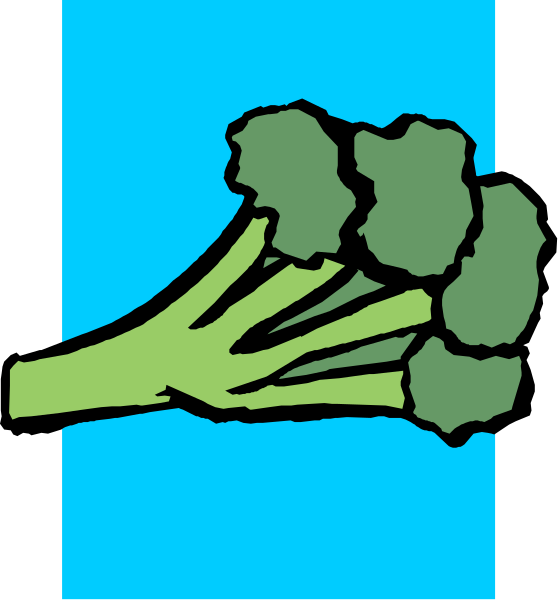 The image shows a cartoon of broccoli with its stem pointing upwards against a blue background on top right corner.