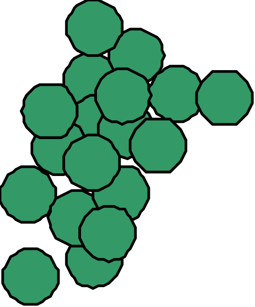The image shows a black background with several green circles of varying sizes scattered across it.