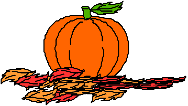 The image shows a cartoon pumpkin with leaves around it on top of what appears to be autumn foliage at nighttime.