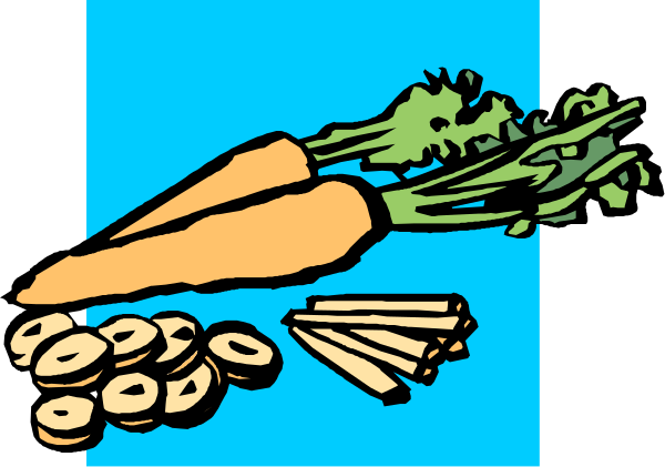 The image shows a blue background with various vegetables such as carrots, broccoli, celery sticks, potatoes, onions, garlic cloves, bananas, apples, an orange slice, bread slices and donuts arranged in rows at bottom of picture.