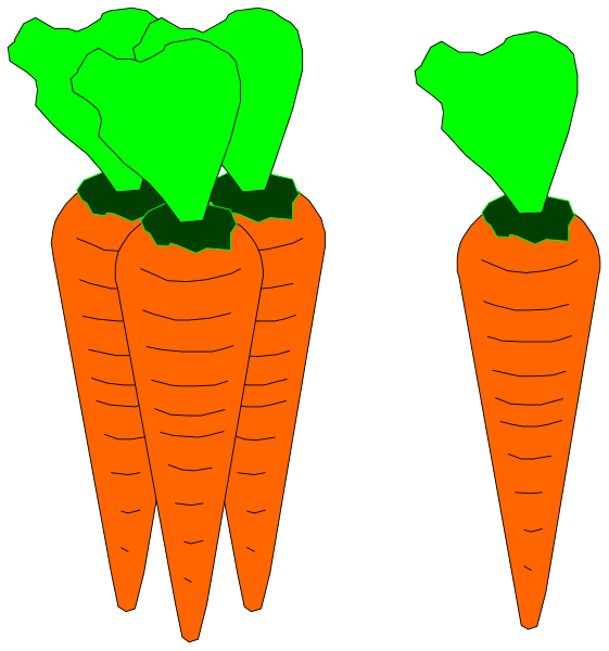 The image shows two carrots with green tops on a black background.