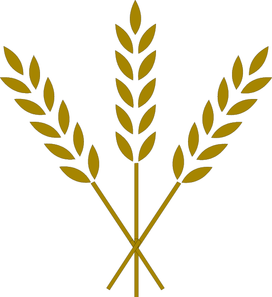 The image shows a stylized graphic of wheat stalks with three ears on either side forming an emblem-like shape against a dark background.