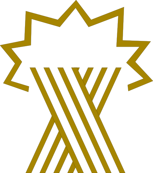 The image shows a stylized emblem with an umbrella design at its center, featuring vertical lines that resemble raindrops on either side of what appears to be lightning bolts pointing upwards from each end; above and below this central motif is text in two different fonts.