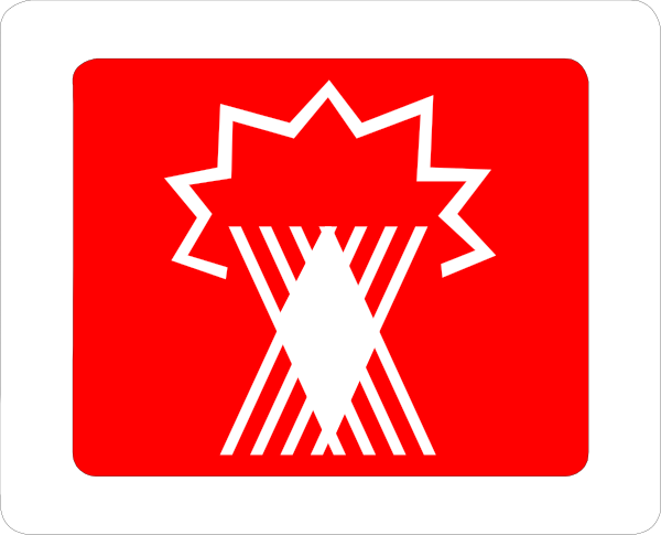 The image shows a red sign with an emblem of three vertical lines on it against a white background to its left side; next to this is another smaller square graphic that appears to be part of a larger design, possibly related to safety equipment given the presence of what looks like a flame or fire symbol.
