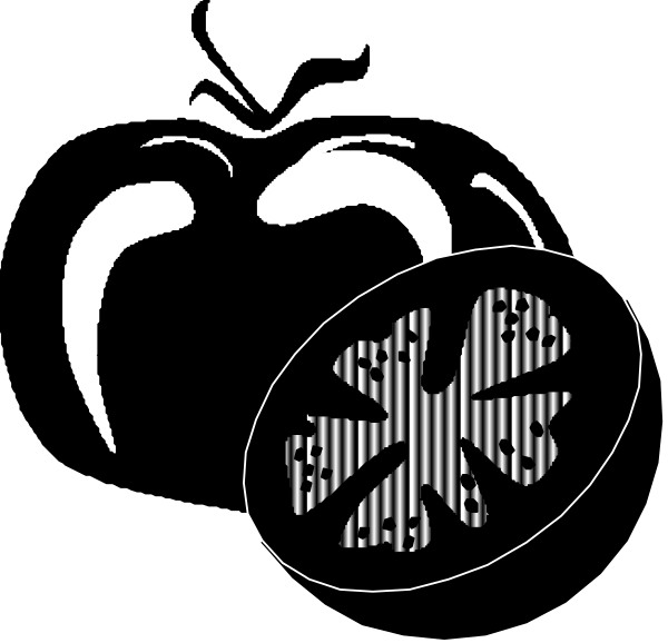 The image shows a black and white illustration of an apple with two eyes drawn on it to resemble a face, accompanied by what appears to be a pair of eyebrows made from leaves above its stem area.