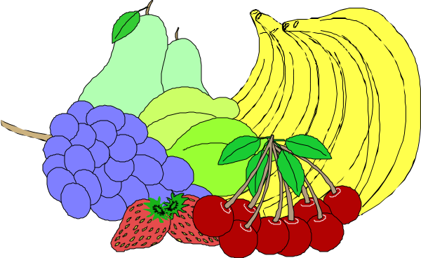 The illustration shows a bunch of colorful fruits including bananas, apples, strawberries, grapes, pears, peaches, plums, cherries, blueberries, raspberries, kiwis and mangoes arranged together on what appears to be a table or counter.