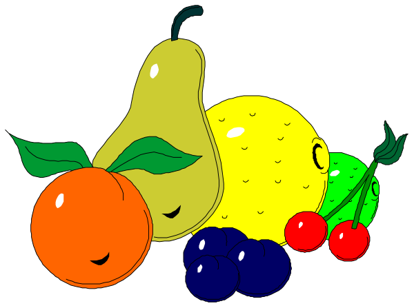 The image shows a cartoon of fruits including an apple with leaves on top right corner, two bananas next to each other in front center, one orange below them towards bottom left, three blueberries above the fruit cluster at lower middle and four cherries clustered together near upper right side.