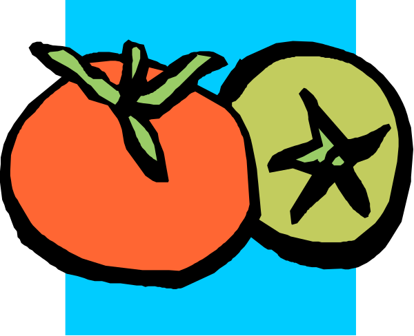 The image shows a colorful drawing of three tomatoes with different expressions: two smiling faces on either side and an angry face in between them against a blue background.