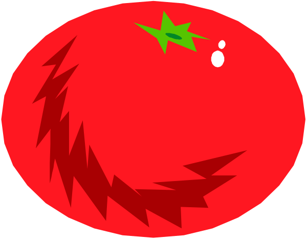 The image shows a cartoon tomato with two halves connected by an oval stem; it has been cut into four pieces that resemble eyes, ears, teeth, and lips on either side of its face-like shape against a red background.
