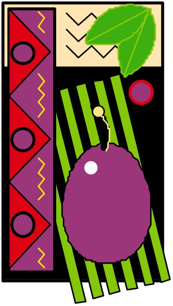 The image shows a colorful illustration of an assortment of fruits on what appears to be a purple background with geometric shapes in red and yellow tones surrounding them.