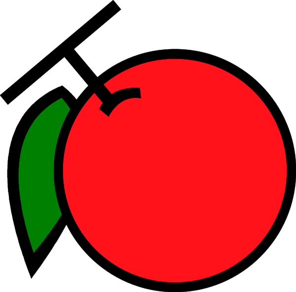 The image shows a stylized graphic of an apple with two green leaves on it against a black background; there is no text present in this clip-art representation.