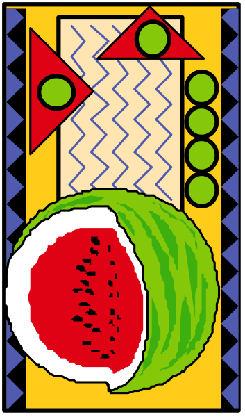 The image shows a colorful cartoon depiction of food items on what appears to be an advertisement banner with geometric shapes in various shades of yellow, red, green, blue, white, black, and gray backgrounds.
