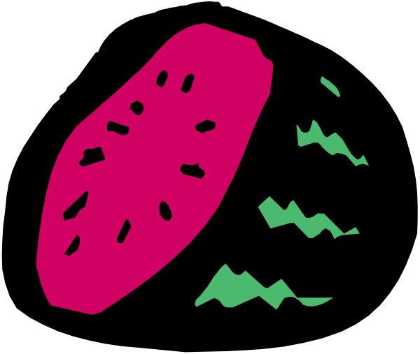 The image shows a slice of watermelon with seeds on top against a black background.