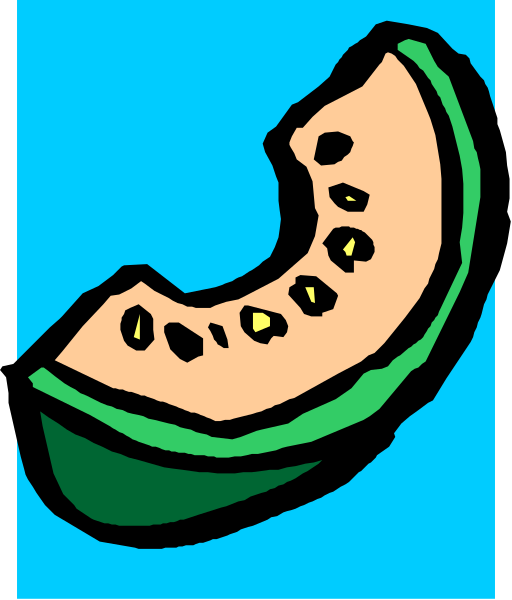 The image shows a slice of watermelon with seeds on it against a blue background.