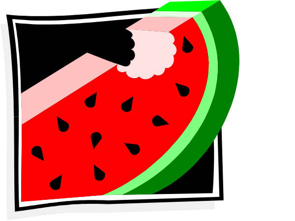 The image shows a cartoon depiction of watermelon slices with black seeds on top inside an open red frame that resembles a window pane; to its right is a slice of pineapple, and below it appears to be a glass filled with what looks like juice or soda.
