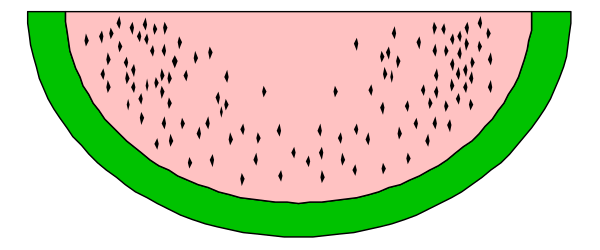 The image shows a watermelon slice with black dots representing seeds on it against a dark background.
