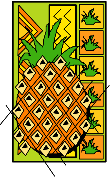 The image shows a graphic of an orange pineapple with green leaves on top against a yellow background that has various patterns around it.