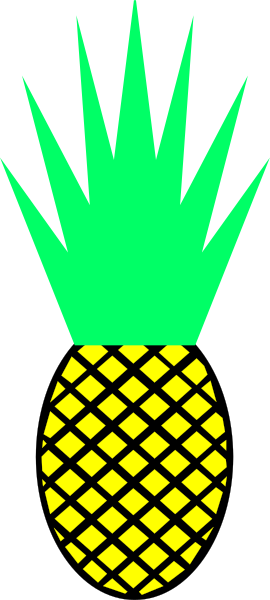 The image shows a pineapple with green leaves on top of it against a black background.