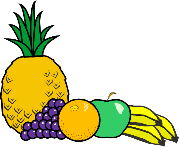 The image shows a variety of fruits including pineapple, bananas, apples, grapes, an orange, pears, mangoes, kiwi fruit, strawberries, blueberries, peaches, and plums arranged on top of each other against a black background with white borders.