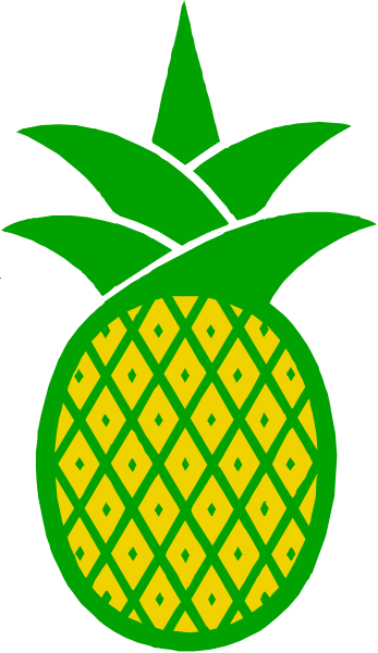 The image shows a stylized graphic of an open pineapple with green leaves on top against a white background.