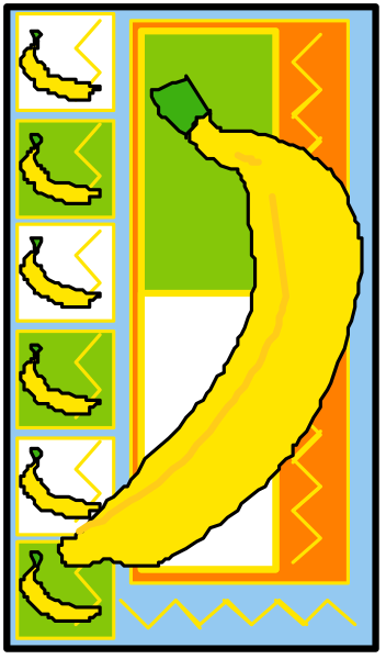 The image shows a cartoon of bananas on top of each other with an arrow pointing to them from above; there is also text that reads "BANANAS" in bold letters atop the bunch, and below it appears to be another word but only half visible due to cropping.