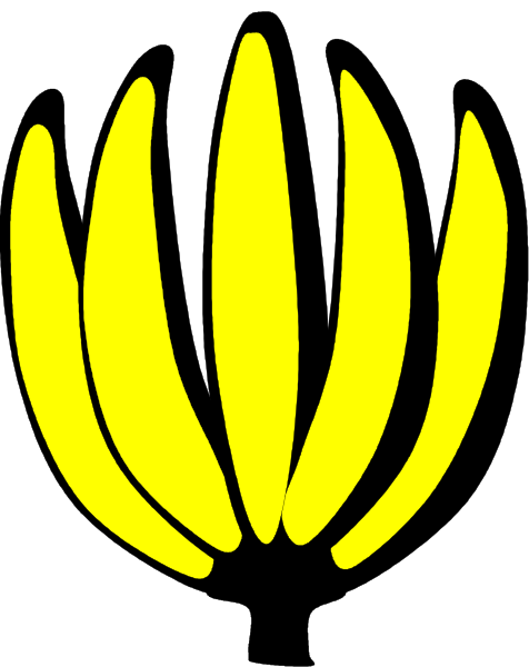 The image shows a banana with six segments against a black background on top of which there is an abstract design resembling leaves in yellow coloring at the bottom right corner.