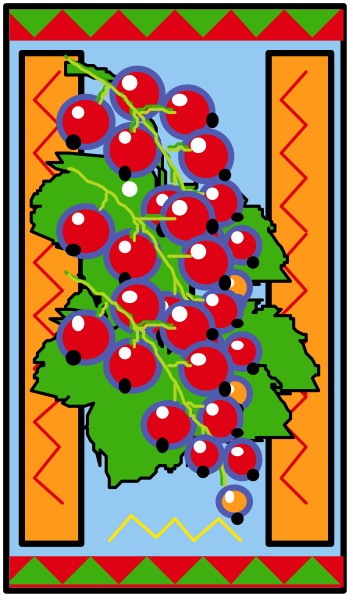 The image shows a vertical strip with an illustration of grapes hanging from vines on either side against a backdrop that resembles foliage at the top and bottom edges; there is no text present in this clip-art piece, which has a simple design style typical for digital graphics.
