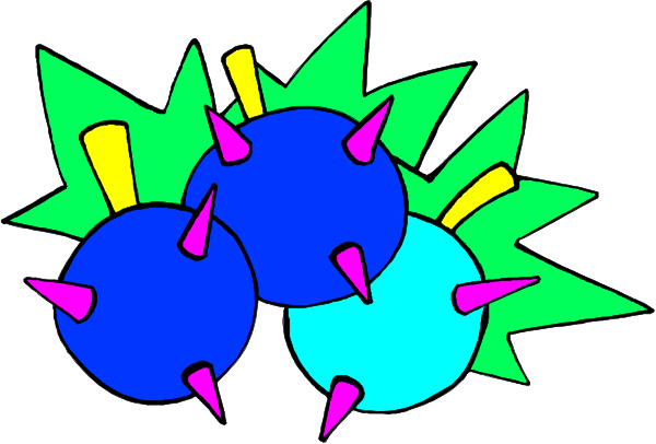 The image shows a cartoon of three blue spiky balls with green accents on them against an orange background.