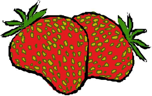 The image shows a cartoon of two strawberries with green leaves on top against a black background.