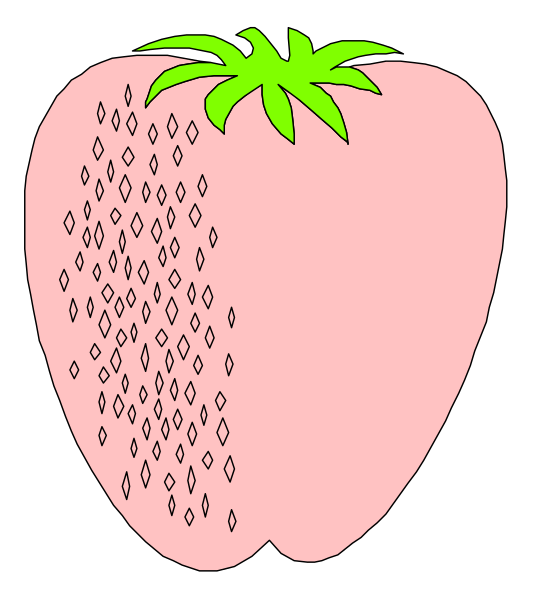 The image shows a cartoon strawberry with seeds on its surface against a black background.