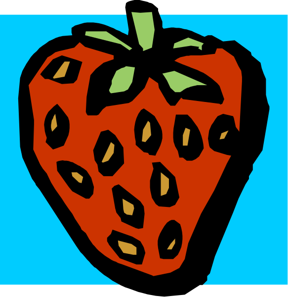 The image shows a cartoon of two strawberries with green stems on top against blue backgrounds; there is no text present in this clip-art illustration.