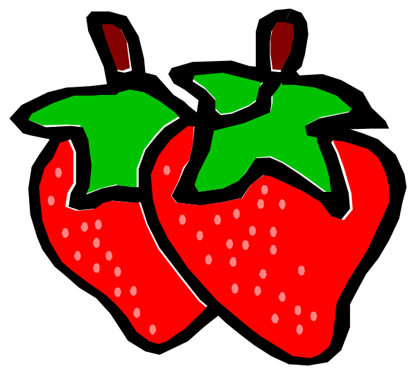 The image shows two strawberries with a green stem on top of each other against a black background.