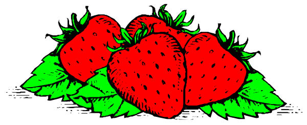 The image shows a bunch of strawberries with green leaves on top against a black background.