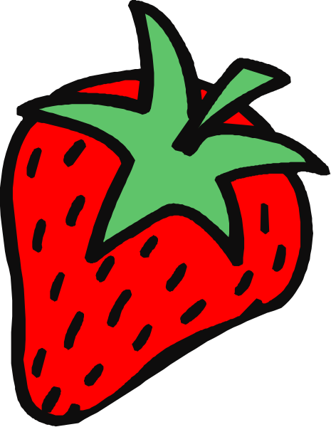 The image shows a cartoon strawberry with green leaves on top of it against a white background.