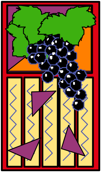 The image shows a cartoon of an open book with pages that depict various scenes: on top left is a green plant; bottom right has black bombs falling from a red box onto grapes in baskets, and below it there's purple fruit spilling out into blue arrows pointing downward.